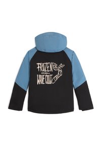 Waterdichte jas met een blauwe capuchon en mouwen; zwart lichaam met een grafisch ontwerp met "FROZEN WAVE CULT" en een handillustratie.
