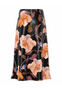 Falda floral con fondo negro, con grandes flores de color melocotón y acentos azul-verde. Hecha de un tejido suave y ligero.