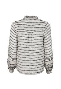 Bílá blůza s černými vodorovnými pruhy, se skládacím límečkem, dlouhými rukávy se nařasenými manžetami a skládáním na zádech.