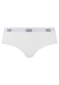 Weiße Baumwollslips mit einem weichen elastischen Bund, auf dem der Markenname "cache coeur" in grauen Buchstaben steht. Glatte Textur und klassisches Design.