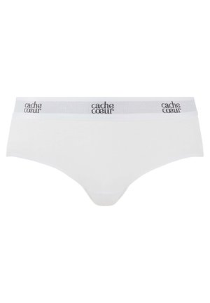 Culottes en coton blanc avec une ceinture élastique douce arborant le nom de la marque "cache coeur" en lettres grises. Texture lisse et design classique.
