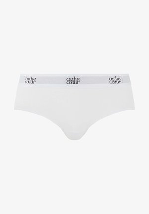 Culottes en coton blanc avec une ceinture élastique douce arborant le nom de la marque "cache coeur" en lettres grises. Texture lisse et design classique.