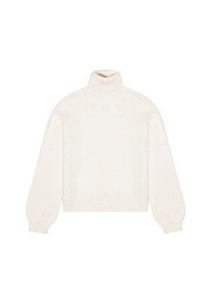 Kræmfarvet turtleneck trøje med lange, let puffede ærmer, ribbet krave og kant, der har en struktureret overflade med diskret sprøjt.