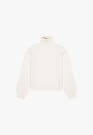 Suéter de cuello alto color crema con mangas largas, ligeramente abullonadas, cuello y dobladillo acanalados, con un acabado texturizado y ligero moteado.