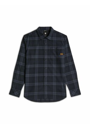 Camicia a maniche lunghe a quadri in blu navy scuro con linee grigie. Presenta una tasca sul petto e bottoni neri. Realizzata in tessuto tessuto con una consistenza liscia.