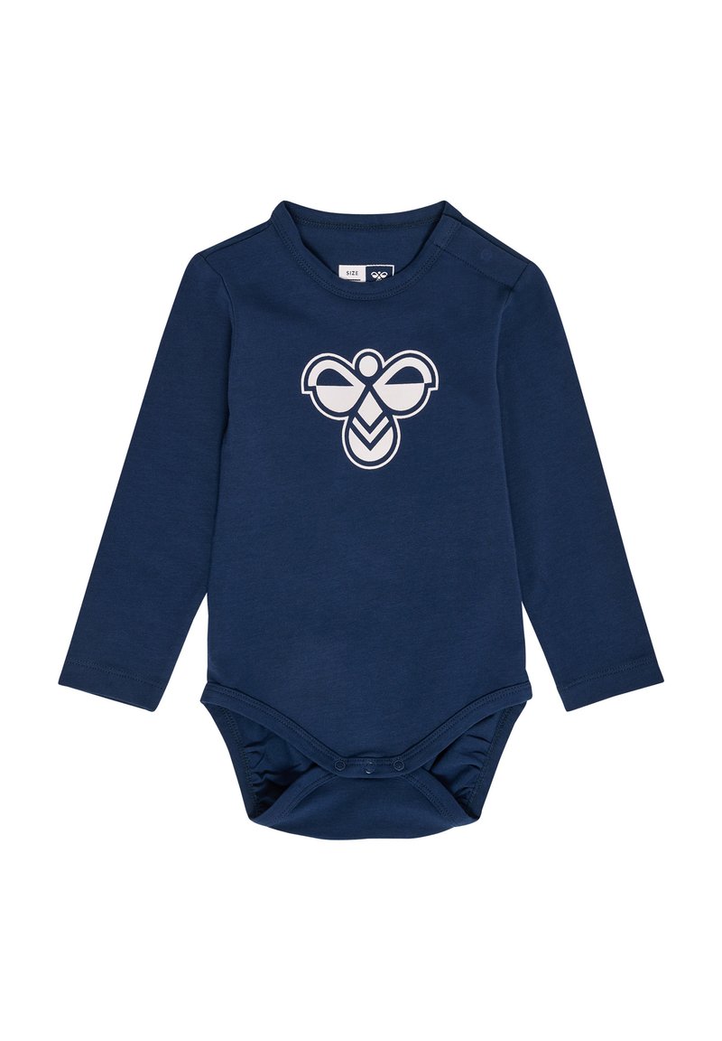 Navy långärmad bodysuit i bomull med en stor, vit grafisk bi-design på framsidan. Knäppning i botten.