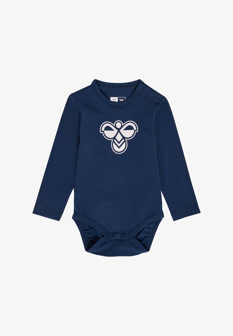 Marineblauwe longsleeve bodysuit gemaakt van katoen, met een grote, witte grafische bij ontwerp op de voorkant. Drukknopen aan de onderkant.