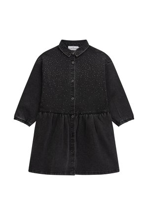 Black long-sleeve dress with button front, gathered waist, pointed collar, and small sparkling dots on the upper bodice.