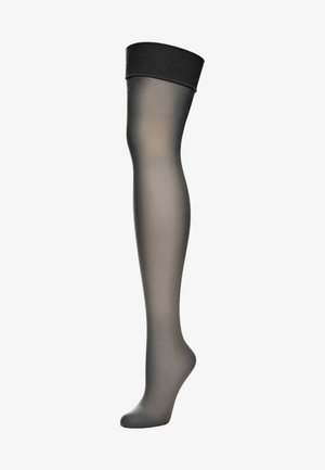 Sheer black thigh-high stockings with a thick textured band at the top, designed to stay in place, featuring a smooth and glossy finish.