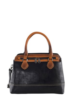 Gestructureerde zwarte leren handtas met bruine handvatten, bovenrits en afneembare schouderriem, gedetailleerd met contrasterende stikaccenten.