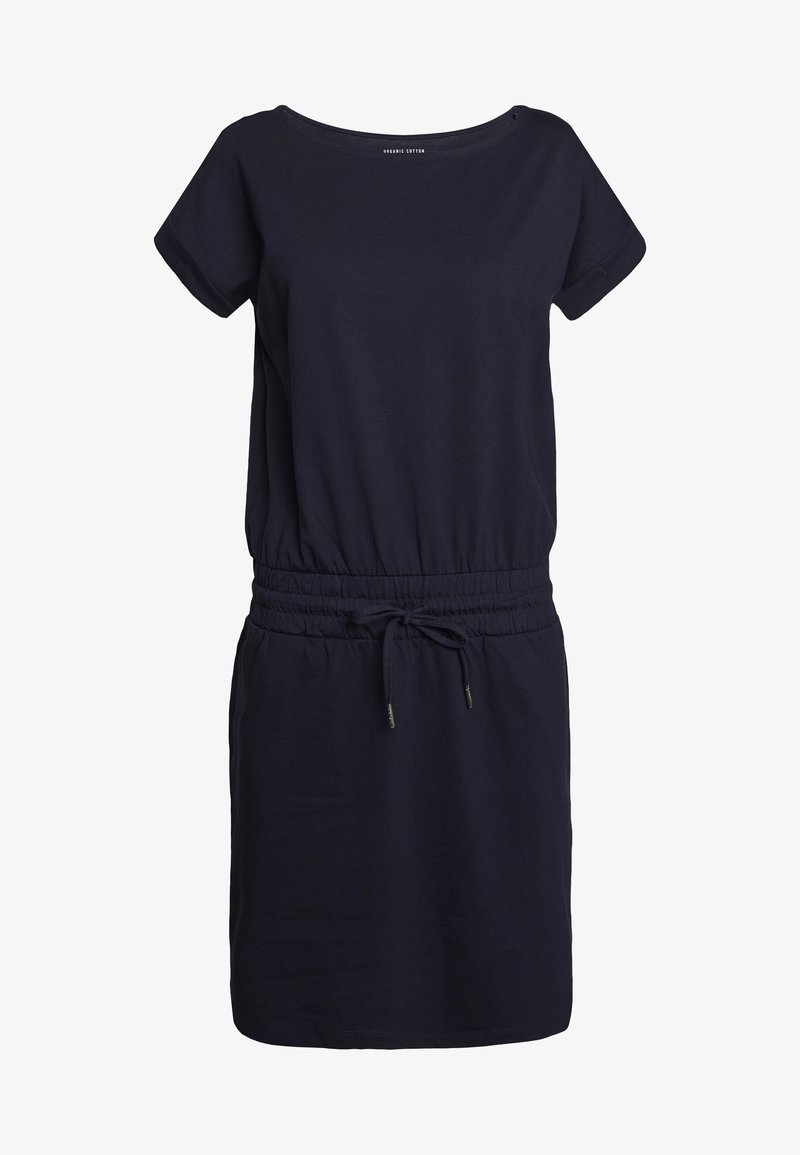 Robe courte bleu marine foncé à manches courtes avec encolure ronde, taille élastique et cordon de serrage, fabriquée en tissu de coton biologique.