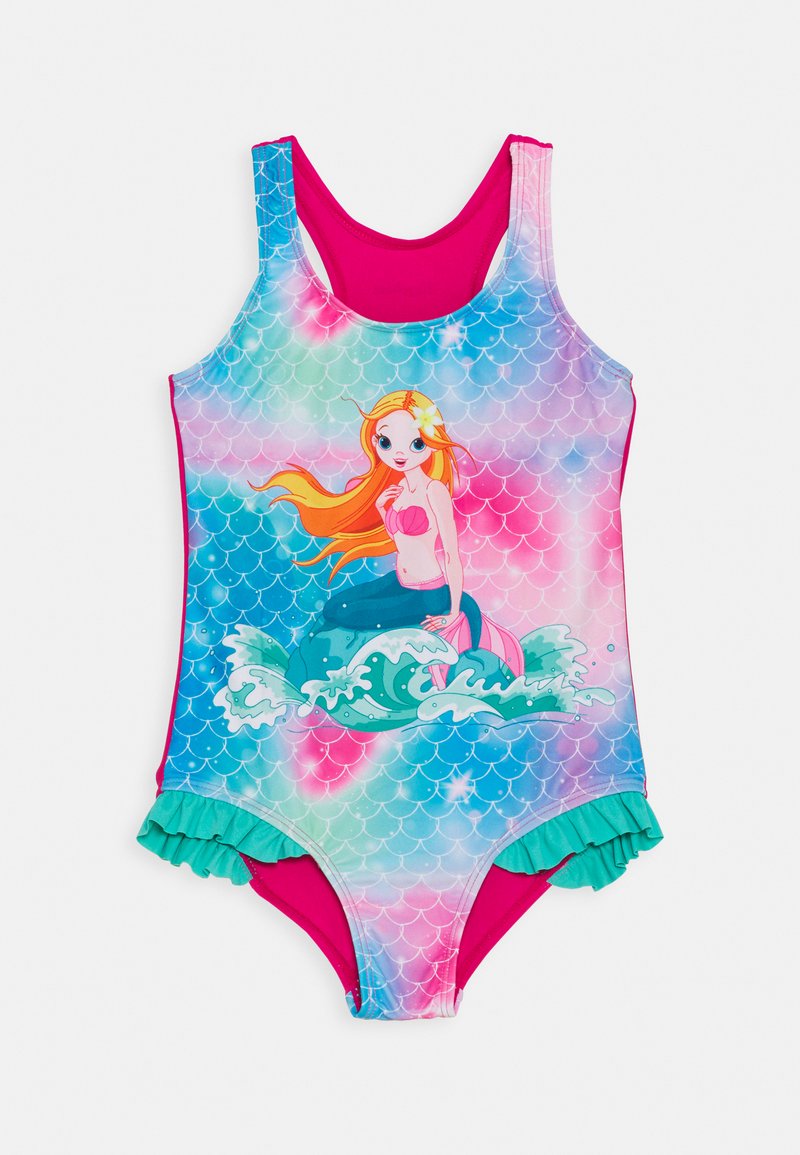 Fato de banho de uma peça com um gráfico de sereia. Design de gradiente colorido com rosa, azul e verde, bainha com babados e textura suave.