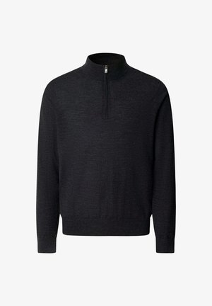 Čierny pulóver s vysokým golierom a štvrtinovým zipsom, vyrobený z textúrovanej pleteniny. Má dlhé rukávy a pohodlný strih.