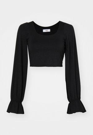 Black cropped top with a square neckline, long puffed sleeves, and gathered cuffs. Made of soft fabric with a smooth texture.