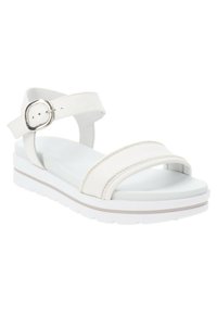 White sandals featuring a double strap design, adjustable ankle strap with a buckle, and a cushioned sole with a slight white and beige accent.