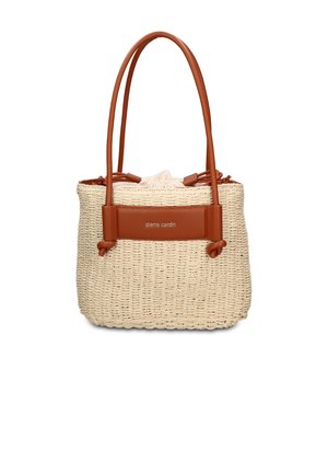 Beige geweven handtas met bruine leren handvatten en afwerking, met een stoffen binnenzak en "pierre cardin" logo op het voorpaneel.