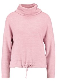 Różowy sweter z okrągłym dekoltem, długimi rękawami i ściągaczem na dolnym brzegu. Miękka, dziana tekstura o luźnym kroju i minimalnym wykończeniu.