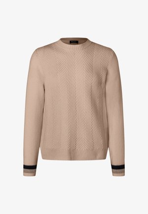 Beige knit sweater with textured chevron pattern, ribbed crewneck and cuffs, featuring black stripes near the sleeve ends.