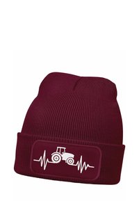 Burgundy knit beanie with a ribbed texture, featuring a white tractor graphic on a rectangular patch and a heartbeat line design.