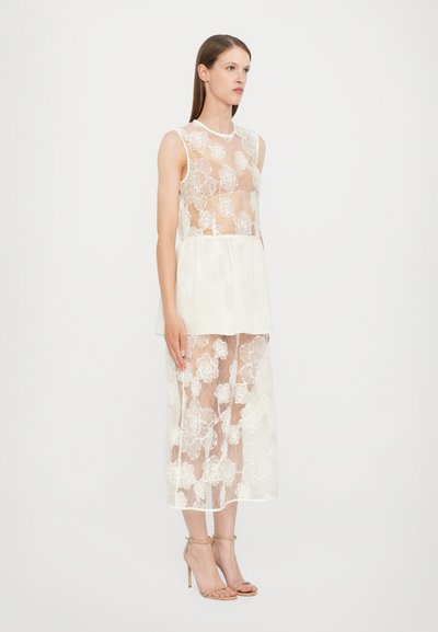 Transparante kanten jurk met bloemenpatronen en een gelaagde rok, in lichtbeige. Heeft een mouwloos ontwerp en een peplum taille.