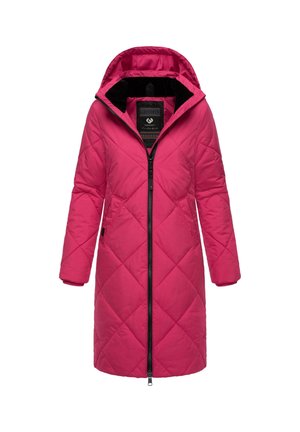 Cappotto imbottito lungo, rosa, con trapuntatura a rombi, cappuccio e zip nera. Presenta tasche laterali e un morbido rivestimento interno.