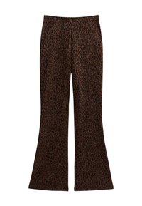 Pantalons évasés en tissu marron avec un motif léopard noir. Texture douce avec une taille haute et une coupe ample au niveau des jambes.