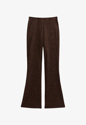 Pantalones acampanados de un tejido marrón con un estampado de leopardo negro. Textura suave con un diseño de cintura alta y corte holgado a lo largo de las piernas.