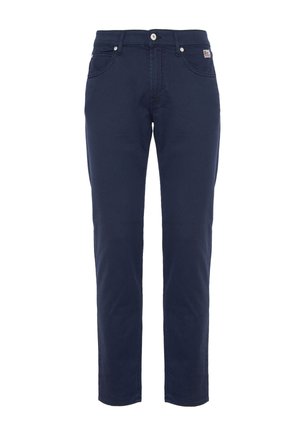 Pantaloni in cotone blu navy con una vestibilità slim, design a cinque tasche, passanti per cintura, chiusura anteriore con bottone e dettagli di cucitura a contrasto.