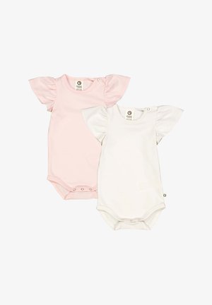 Two short-sleeved bodysuits in pink and white. Both feature flutter sleeves and snap closures at the bottom. Soft cotton material.