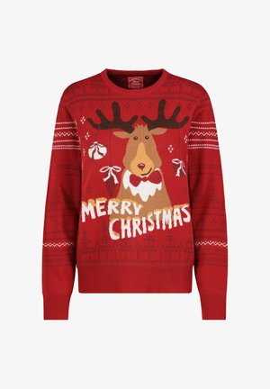 Red knitted Christmas sweater featuring a reindeer design, "MERRY CHRISTMAS" text, brown antlers, and white snowflake patterns.