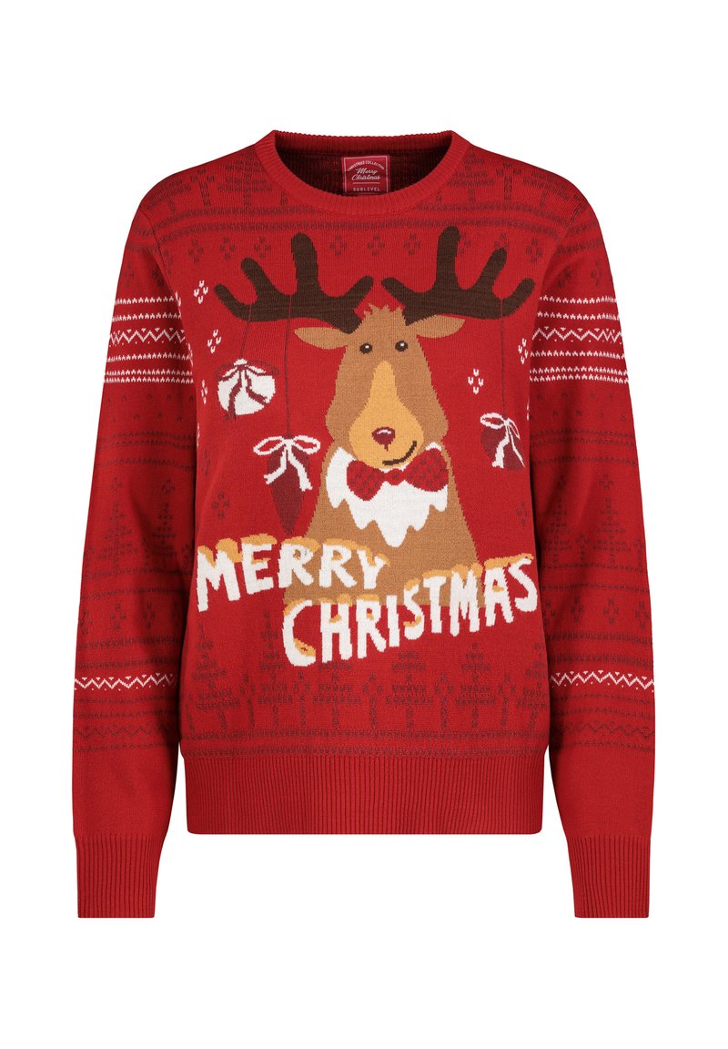 Roter gestrickter Weihnachtspullover mit Rentiermotiv, Schriftzug "FROHE WEIHNACHTEN", braunen Geweihen und weißen Schneeflockenmuster.