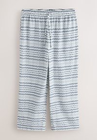 Pantalon blanc ample avec une ceinture élastique présentant un motif horizontal de petits rectangles bleu foncé et de tirets.