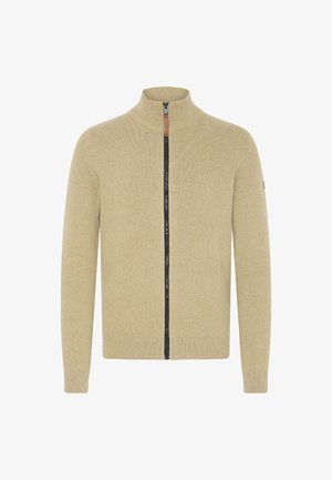 Beige sweater with a high collar, full front zipper, and black zip tape. Features ribbed cuffs and hem, made from a textured knit material.