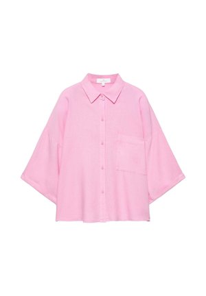 Cămașă largă roz pastel cu nasturi, mâneci largi, guler ascuțit și un buzunar la piept pe partea stângă.