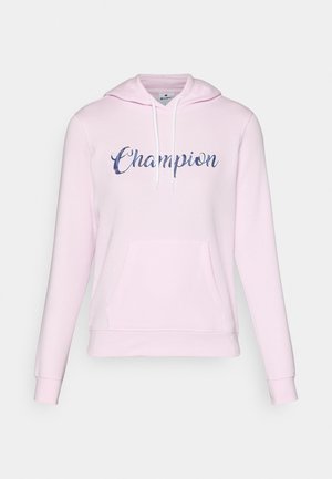 Haut à capuche rose en tissu mélangé de coton, doté d'une poche avant, d'une capuche à cordons et du mot "Champion" en script marine sur la poitrine.
