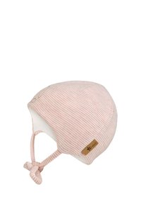 Soft pink and white striped baby bonnet with chin ties and a small brown label on the side.