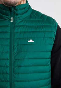 Zeleni puffer prsluk s vertikalnim kvadratnim dizajnom, visokim ovratnikom i bijelim logotipom na lijevoj strani prsnog koša. Zatvaranje na patentni zatvarač i glatka tekstura.