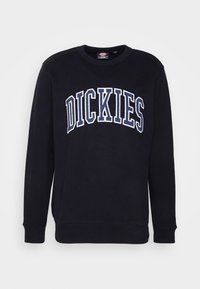 Sweatshirt noir en mélange de coton avec poignets et ourlet côtelés. Présente le logo "DICKIES" brodé en blanc sur la poitrine, en arc de cercle.