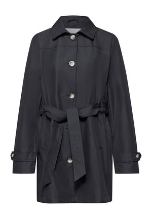 Trench-coat noir mi-long avec col, fermeture à boutons sur le devant, ceinture à nouer à la taille et détails de lanières boutonnées aux poignets.