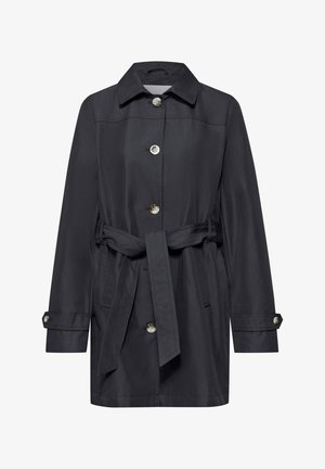 Trench-coat noir mi-long avec col, fermeture à boutons sur le devant, ceinture à nouer à la taille et détails de lanières boutonnées aux poignets.