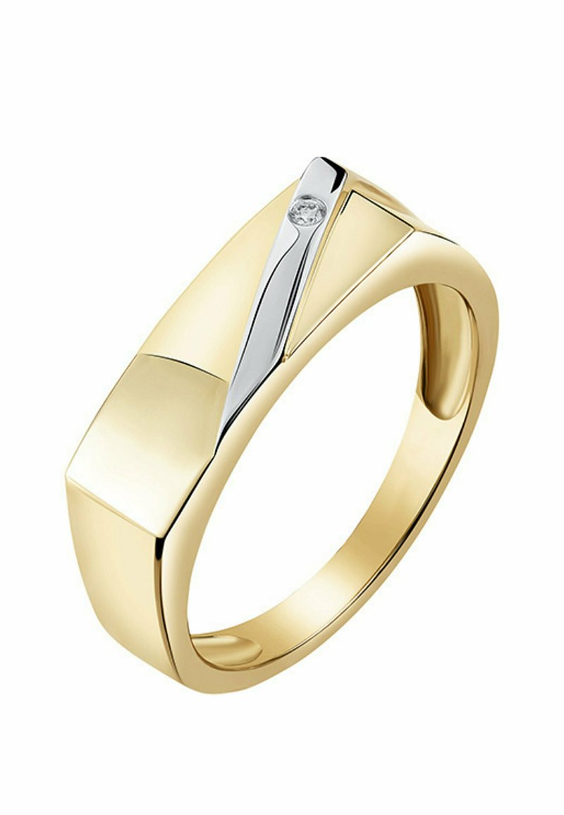 Guld ring med en glat, poleret overflade, der har en sølv akcent og en lille diamant indsat i toppen. Geometrisk design, rundet ring.