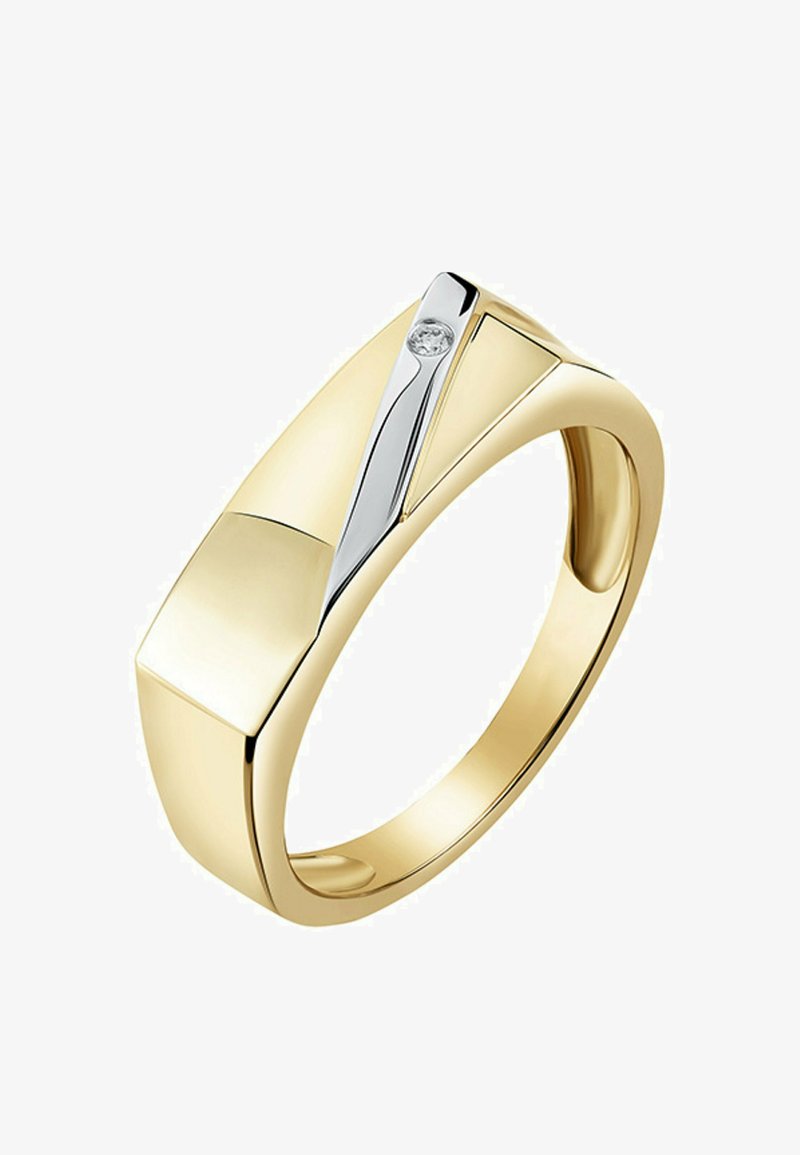 Guld ring med en glat, poleret overflade, der har en sølv akcent og en lille diamant indsat i toppen. Geometrisk design, rundet ring.