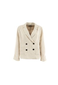 Veste double boutonnage beige clair avec des rayures verticales noires, deux poches avant et des boutons noirs. Tissu en lin avec une finition texturée.