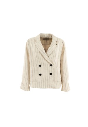 Veste double boutonnage beige clair avec des rayures verticales noires, deux poches avant et des boutons noirs. Tissu en lin avec une finition texturée.