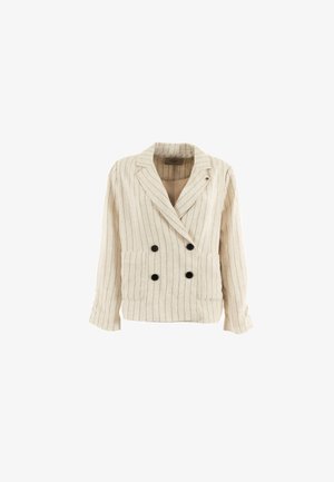Veste double boutonnage beige clair avec des rayures verticales noires, deux poches avant et des boutons noirs. Tissu en lin avec une finition texturée.