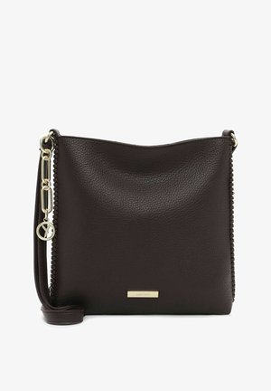 Dark brown leather crossbody bag with a textured surface, featuring a gold hardware accent and a zip detail along one side.