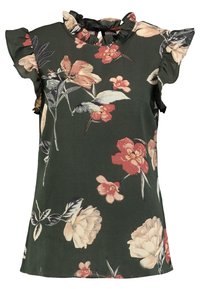 Blusa con motivo floreale su sfondo verde scuro, con bordi delle spalle arricciati e vestibilità leggermente ampia; presenta fiori multicolori.