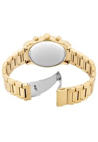 Gold-tone stainless steel watch with a square case, a smooth face, and a linked bracelet. Features a silver clasp and polished finish.