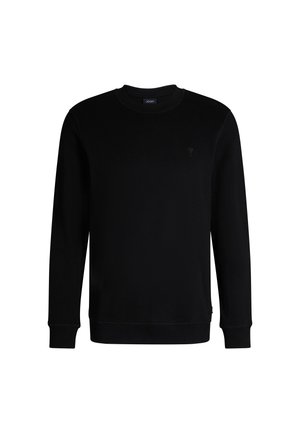 Czarna bluza z długim rękawem, z żebrowanym dekoltem i mankietami, z subtelnym logo w dopasowanym kolorze na piersi. Miękka tekstura.