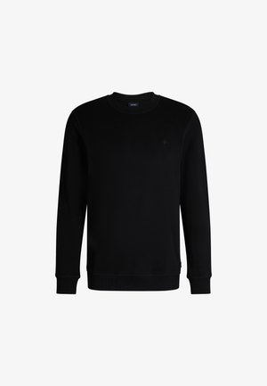 Czarna bluza z długim rękawem, z żebrowanym dekoltem i mankietami, z subtelnym logo w dopasowanym kolorze na piersi. Miękka tekstura.